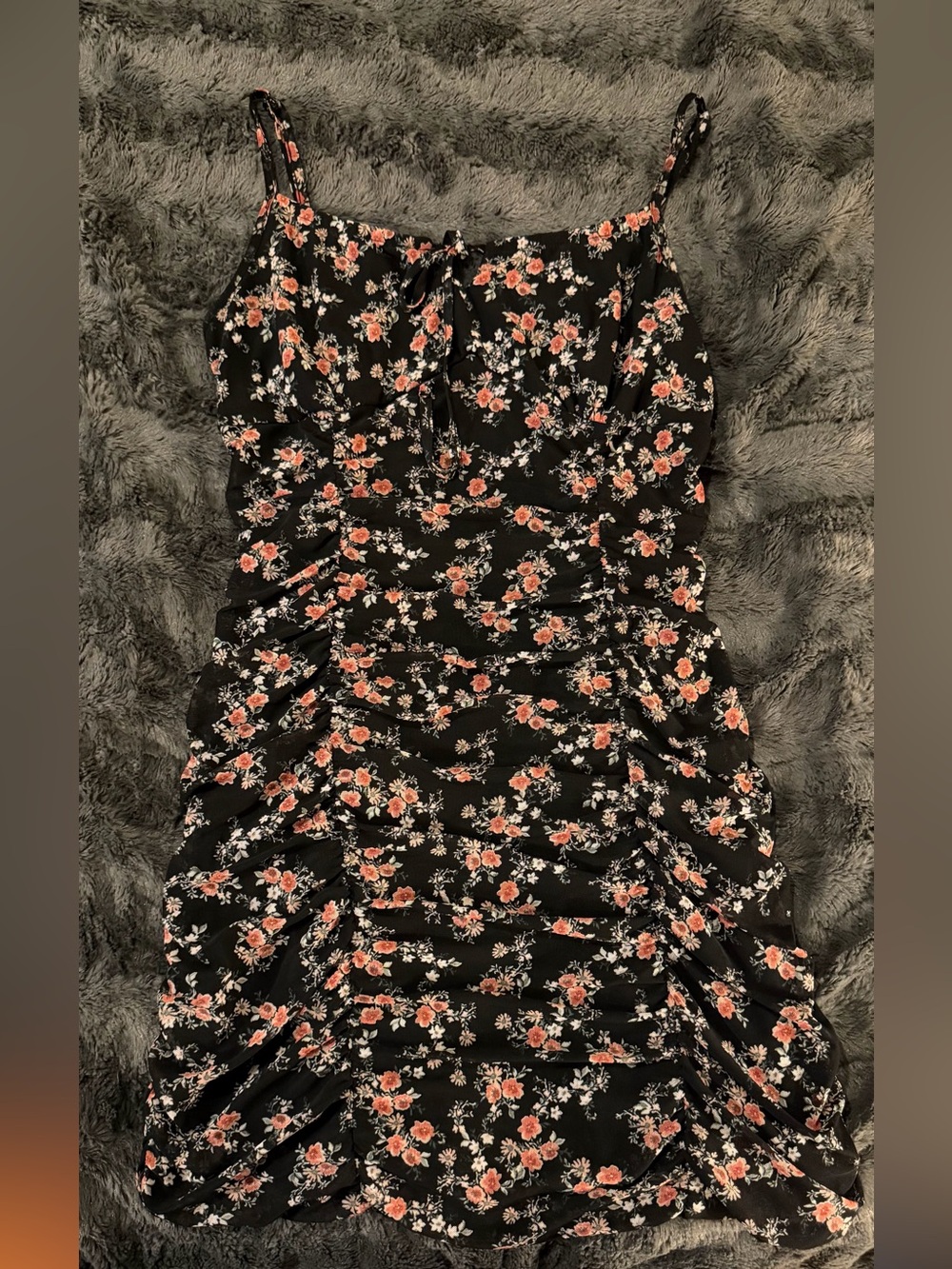 Ultra Flirt Black Floral Ruched Mini Dress
